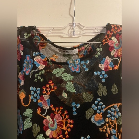 Zara Knit Slip Dress with Vibrant Floral Embroidered Mesh Overlay Size Medium - Picture 5 of 9